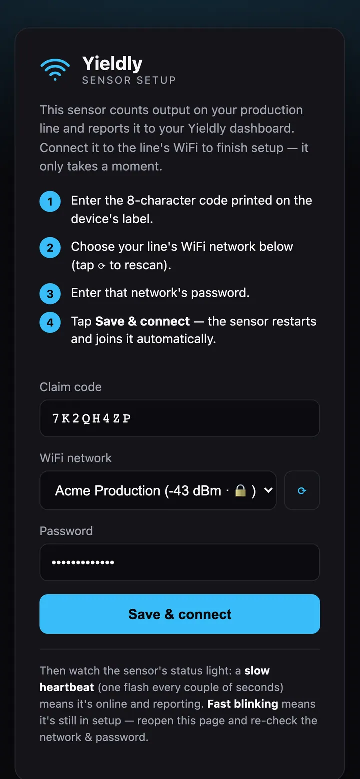 The sensor's Wi-Fi setup page open on a phone