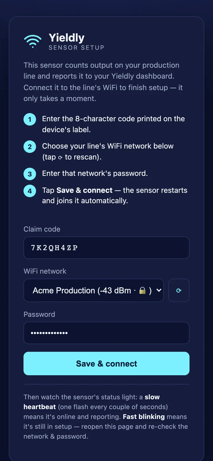 The sensor's Wi-Fi setup page open on a phone