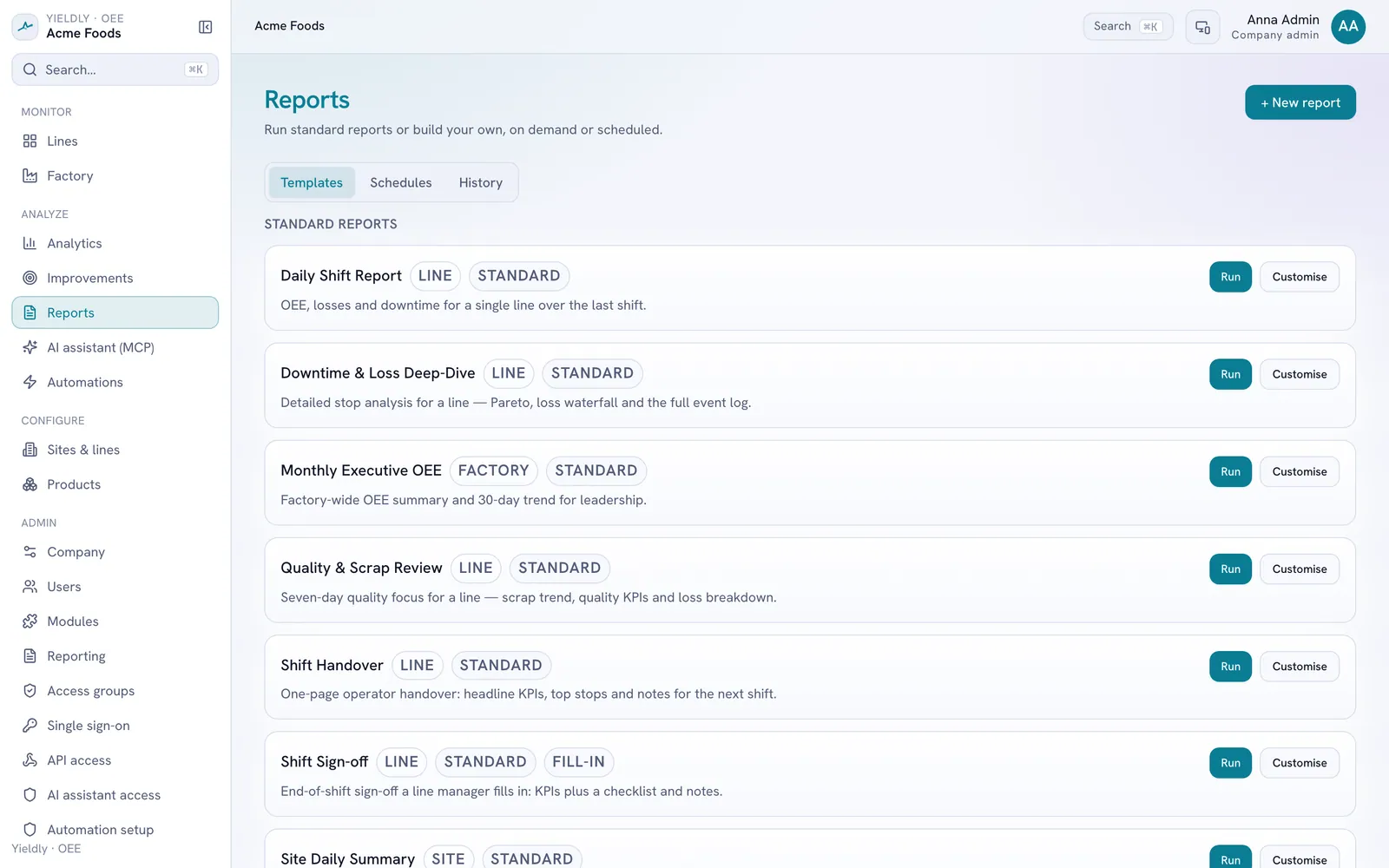 Reporting library with OEE report templates