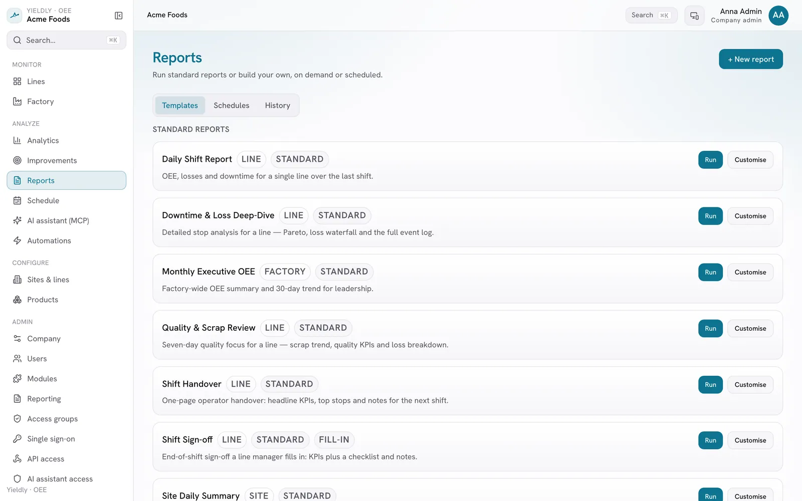 Reporting library with OEE report templates