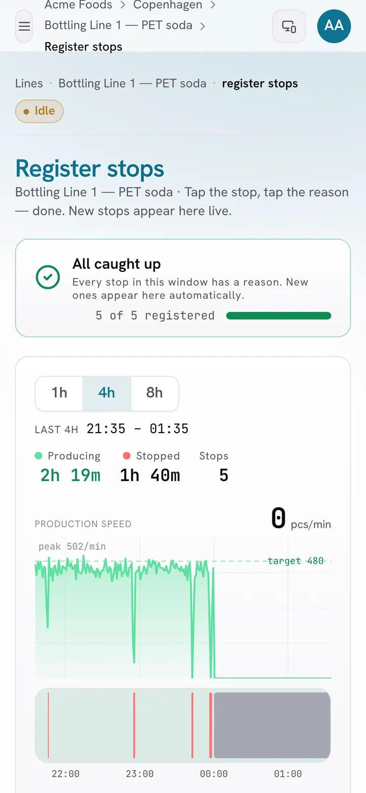 Operator registering a stop reason from a phone